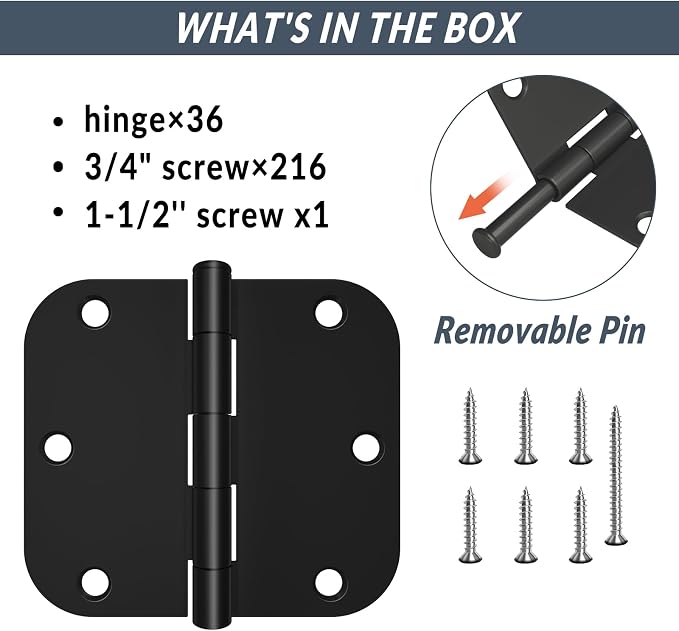 HOSOM 36 Pack Matte Black Door Hinges 3.5 x 3.5 Inch, Interior 3 1/2 Inch Door - Image 3