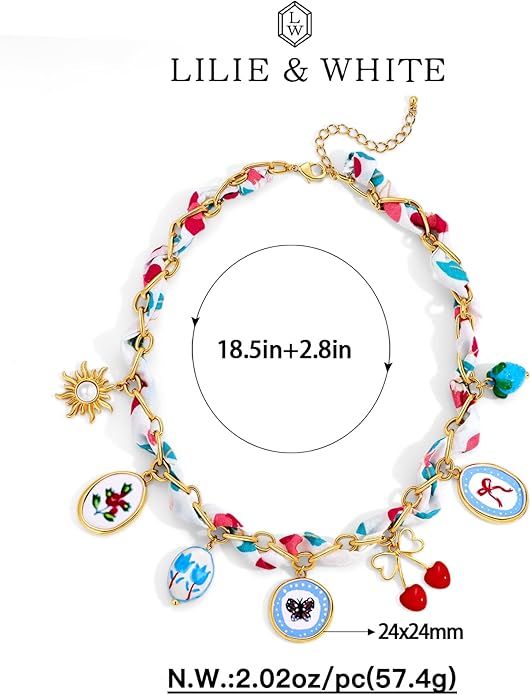 LILIE&WHITE Gold Charms Necklace for Women Bandana Necklace with Colorful Charms Necklaces Beach Jewelry Gift