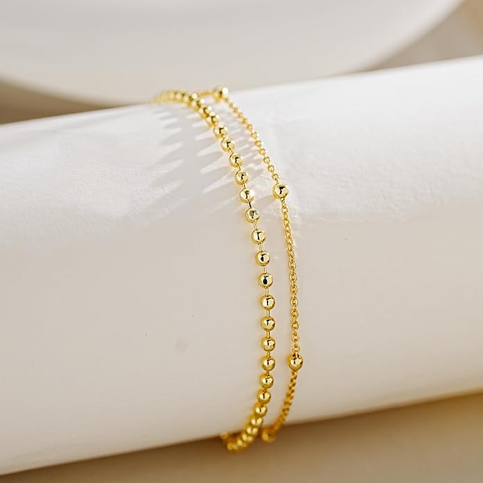 JINEAR Gold Ankle Bracelets for Women，14K Gold Plated Waterproof Chain Herringbone Layered Beaded Anklets Adjustable Summer Beach Jewelry Gift for Women