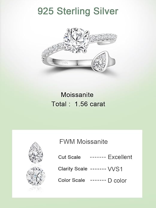FWM Round Cut Moissanite Simple Open Rings for Women, Adjustable Ring, Solid Sterling Silver With Gold Plated, Stackable Wedding Band, Anniversary Valentines Mothers Day Christmas Gift