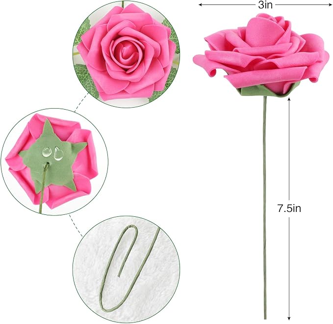AmyHomie Hot Pink Rose 25pcs Real Looking Artificial Flowers w/Stem | Bouquet - Image 7