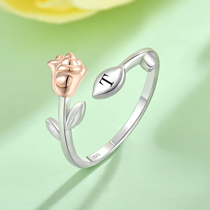 STARCHENIE Rose Initial Ring for Women 925 Sterling Silver Letters A-Z 26 Alphabet Adjustable Ring Size 7