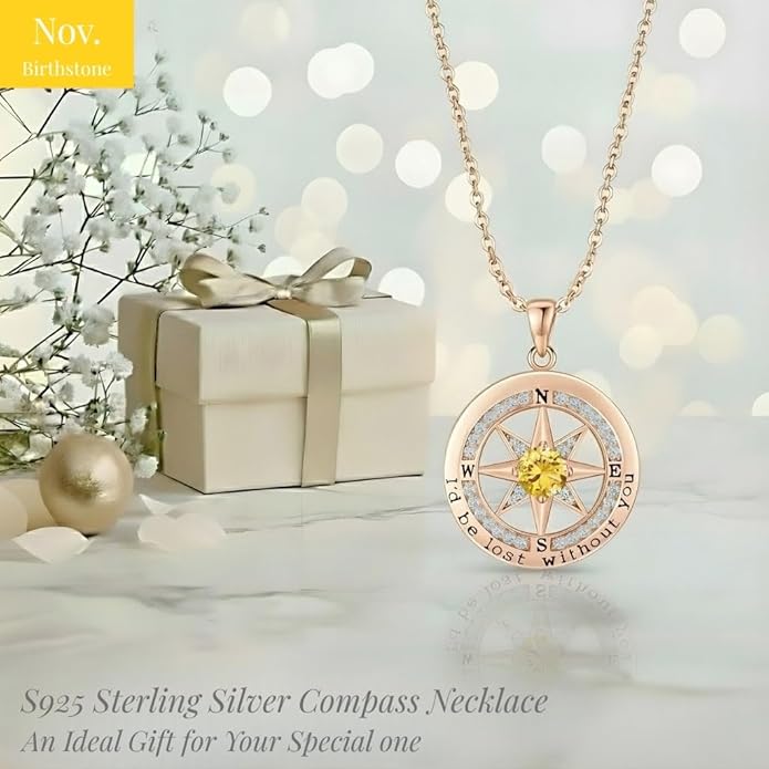 Compass Necklace for Women Wife Girlfriend Mom Daughter Gifts S925 Sterling Silver Jewelry For Anniversary Rose Gold Gifts For Birthday Christmas Mothers Valentines Day 12 Birthstones
