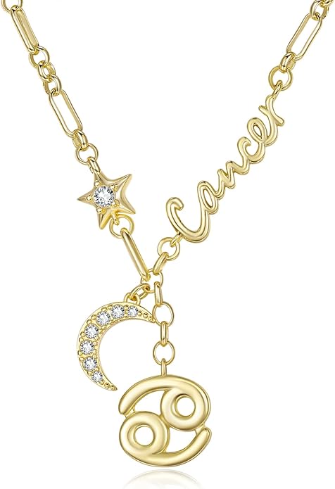 14K Gold/Rose Gold Zodiac Necklace for Women - Horoscope Constellation Pendant with Moon and Star, Luxury Birthday Gifts Jewelry for Her (12 Zodiac Signs)