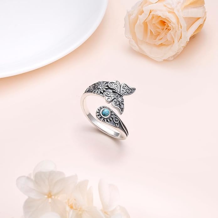 925 Sterling Silver Spoon Rings Butterfly/Dragonfly/Hummingbird/Cross Adjustable Sunflower Thumb Ring For Women Turquoise Boho Ring Vintage Rings Unique Jewelry Present for Christmas Mother's Day