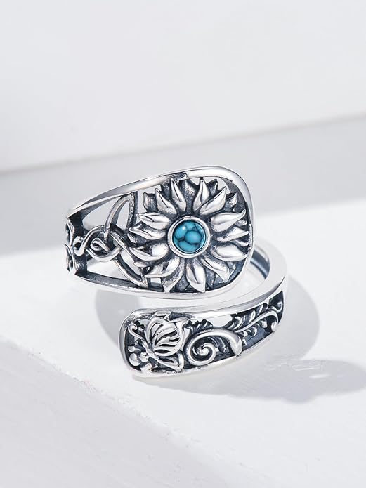 Midari Sun and Moon/Bee/Celtic/Life of Tree/Lotus Spoon Ring for Women 925 Sterling Silver Adjustable Ring Open Ring for Women Men Halloween Birthday Gift