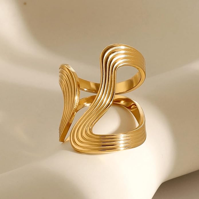 Chunky Rings For Women, Gold Silver Thumb Ring Asymmetrical Wavy Curve Ring Adjustable Non Tarnish Dainty Stainless Steel New Year Anniversary Birthday Jewelry Gift