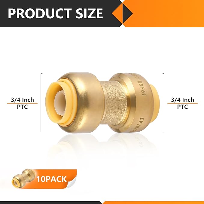10PC HeSun Pushfit Coupling, 3/4"x3/4" Push to Connect Plumbing Fittings | - Image 2