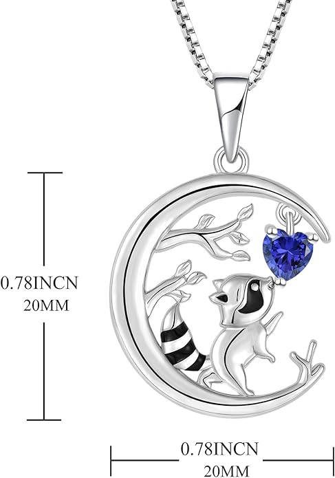 STARCHENIE Raccoon Necklace 925 Sterling Silver Heart Birthstone Pendant Cute Animal Jewelry for Women