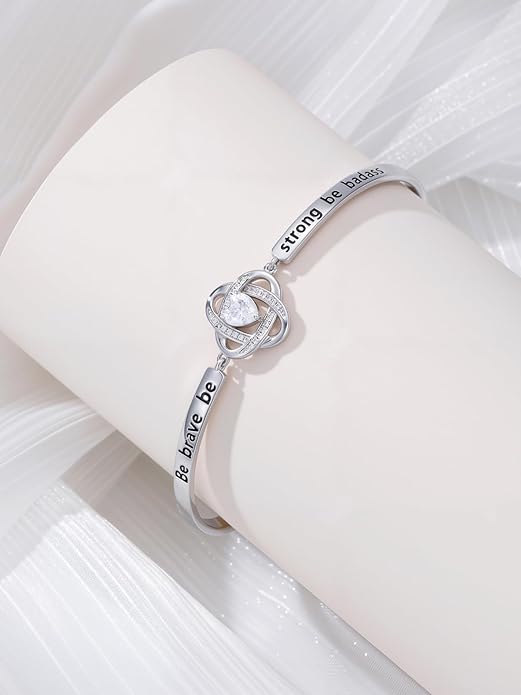 Valentines Day Gifts for Her, 18k White Gold Plated Love Knot Bracelets, Engraved Inspirational and Sentiment Bangle, Anniversary Birthday Jewelry Gift for Lover Wife Girlfriend Sister Friends