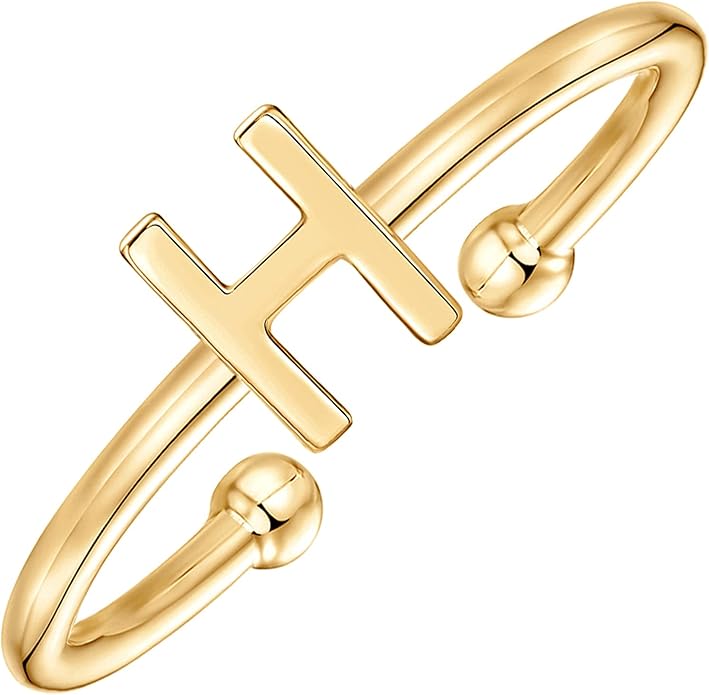 PAVOI 14K Gold Plated Initial Letter Adjustable Ring for Women - Thin Initial Band - Dainty Fashion Jewelry Gifts