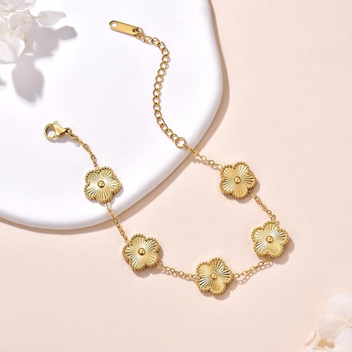 18K Gold-Plated Four Leaf Clover Bracelet for Women,Adjustable lucky Bracelet Set Jewelry Gift-Hypoallergenic Charm for Birthdays, Wellness & Daily Wear
