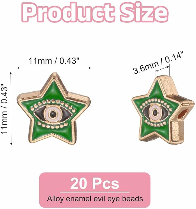MECCANIXITY 20 Pcs Star Evil Eye Beads Colorful Flat Loose Spacer Evil Eye Charms for DIY Bracelet Earrings Necklace Crafts Jewelry Making, Green