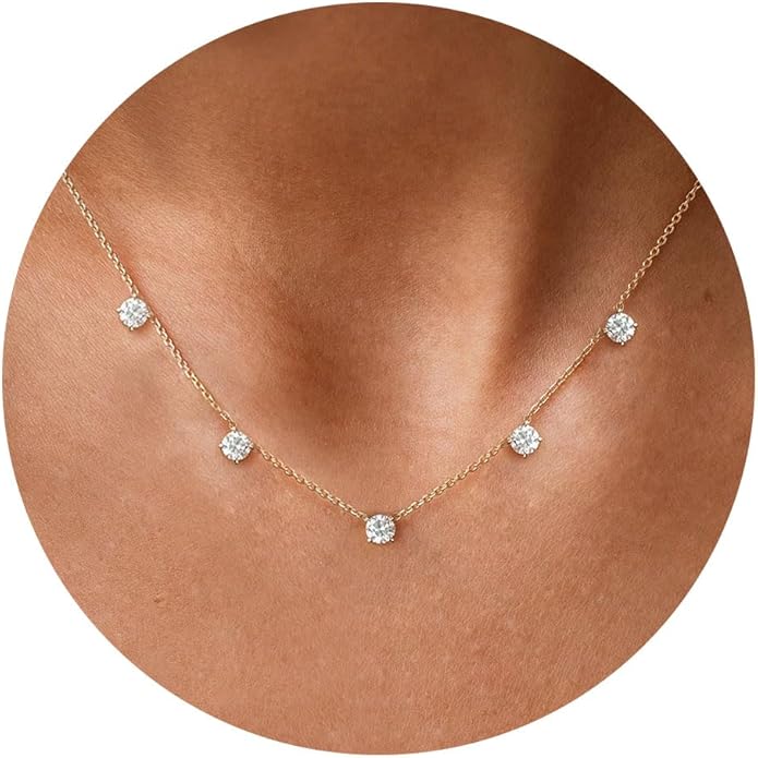 VRIUA Necklaces for Women - 14K Gold/Silver Plated Dainty Chain Necklace with Five Charms: Diamond, Bow, Snowflake, Cross, Flower, Clover, Butterfly, Heart, Star of David, and Star Trendy Jewelry