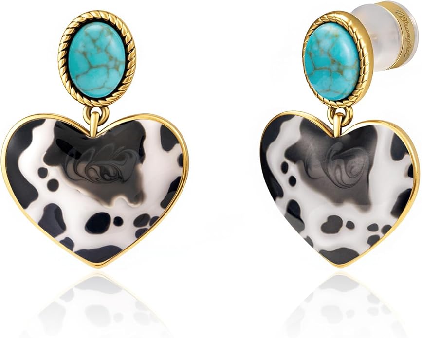 Wrangler Western Heart Drop Dangle Earrings for Women Statement 14k Gold Turquoise Cow Print Cowgirl Trendy Jewelry
