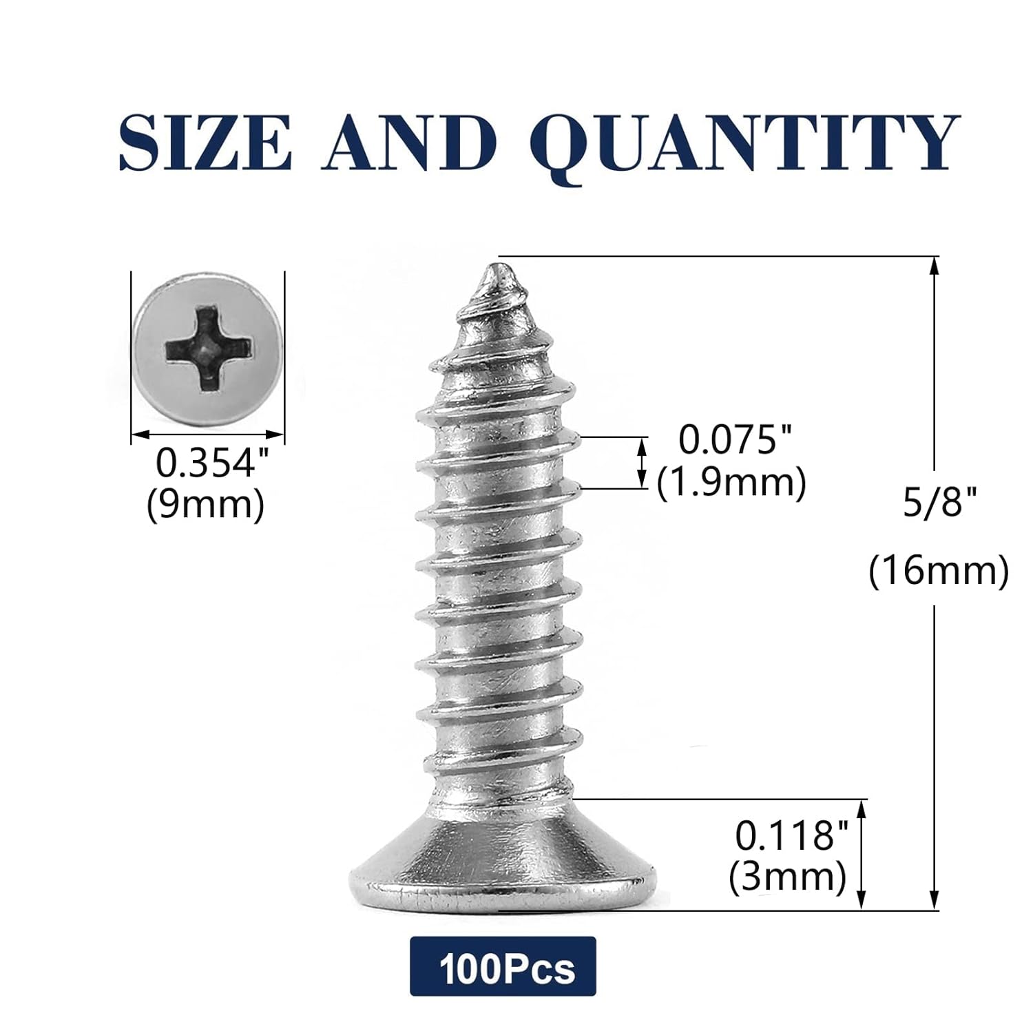 #10 x 5/8" Wood Screw 100Pcs 18-8 (304) Stainless Steel Screws Flat Head Phillips Fast Self Tapping Drywall Screws by SG TZH