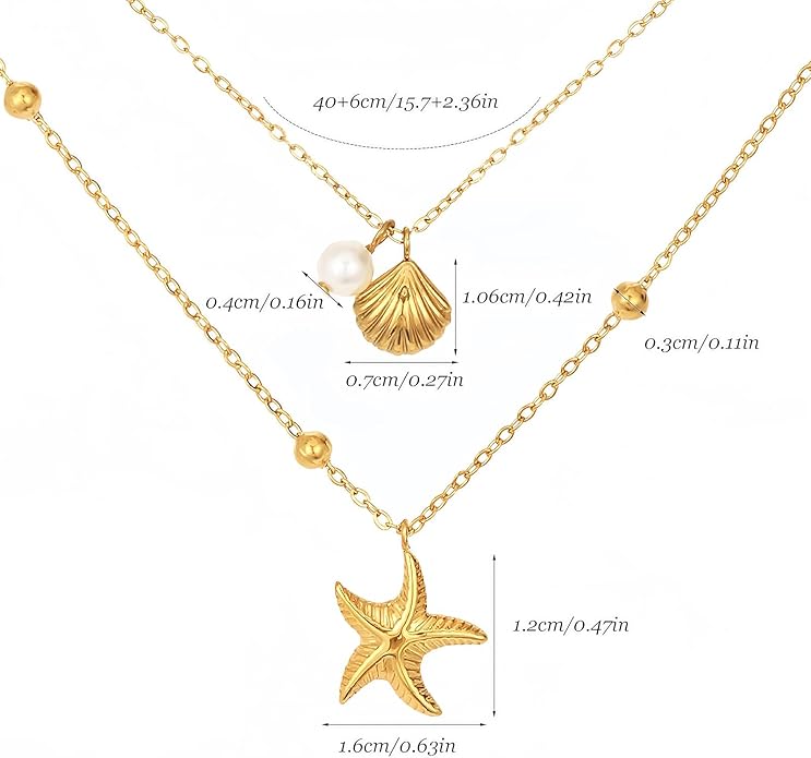Shell Starfish Necklace for Women, 14k Gold Plated Boho Layered Beaded Charm Pendant Necklace, Dainty Adjustable Pearl Conch Summer Beach Vacation Jewelry Gifts