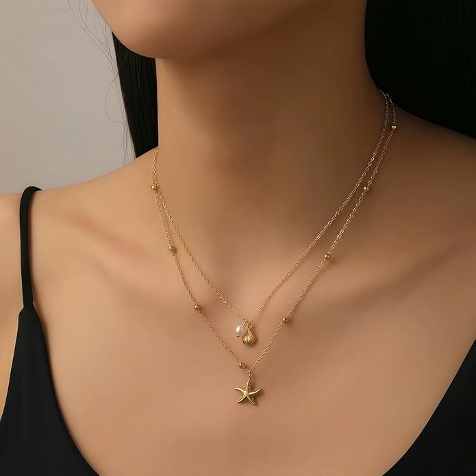 Shell Starfish Necklace for Women, 14k Gold Plated Boho Layered Beaded Charm Pendant Necklace, Dainty Adjustable Pearl Conch Summer Beach Vacation Jewelry Gifts