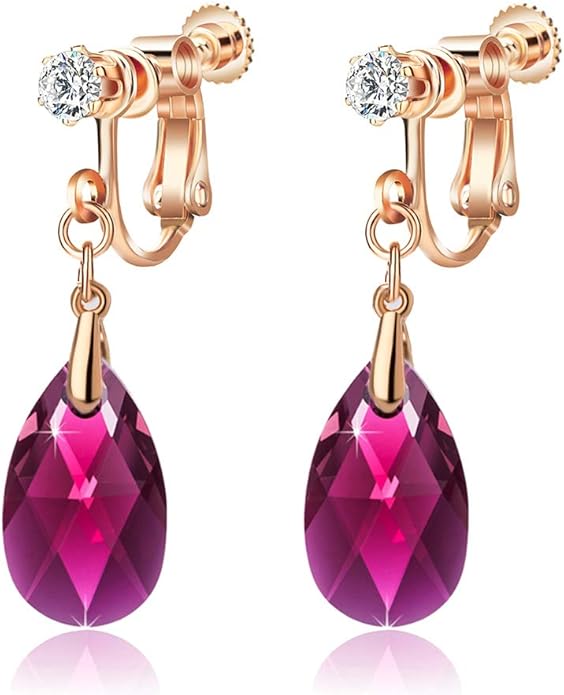 Teardrop Austrian Crystal Drop Clip On Dangle Earrings for Women Non Pierced 14K Rose Gold Plated Hypoallergenic Jewelry