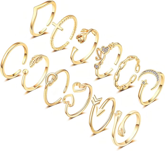 KOHOTA 12PCS Adjustable Knuckle Rings for Women 14K Gold Plated Silver Simple Stacking Rings Pack Open Knot Star Moon Butterfly Dainty Thumb Ring Set for Women