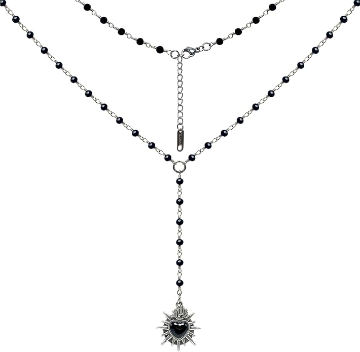 Black Stylish Gothic Necklace, Layered Beads Sun Necklace for Women, Black Bead Onyx Necklace, Goth Jewelry for Biker, Hiphop Punk Style for Women, Teenage