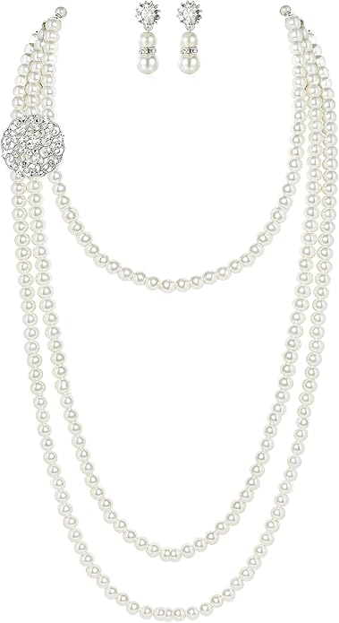 BABEYOND 1920s Gatsby Pearl Necklace Vintage Bridal Pearl Necklace Earrings Jewelry Set Multilayer Imitation Pearl Necklace with Brooch