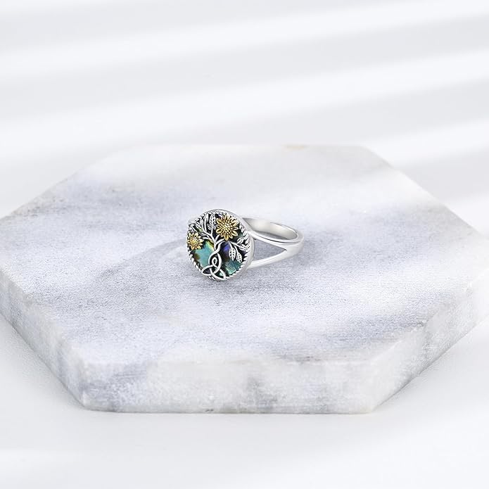 Sunflower Ring for Women 925 Sterling Silver Tree of Life Ring Sunflower Flower Jewelry Gifts for Mom