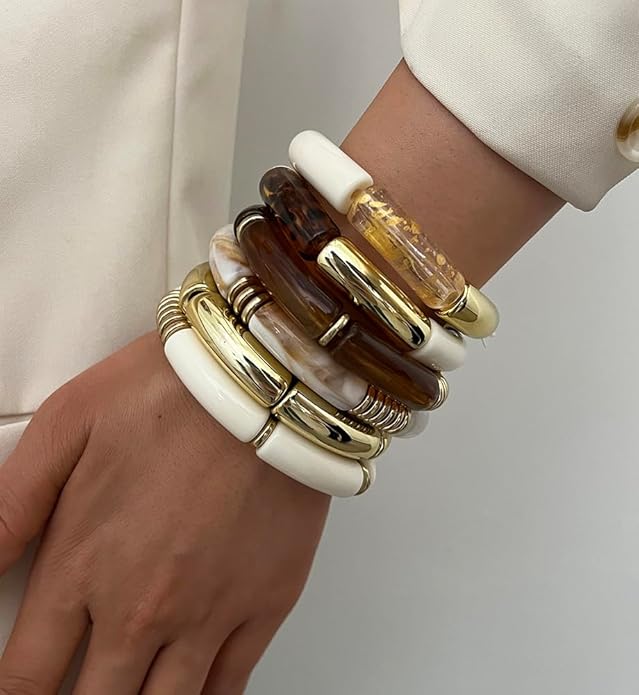 iF YOU 6pcs Chunky Acrylic Bangle Bracelets for Women, Resin Bamboo Brown Stretchy Bracelet Stack, Fashion Jewelry for Women