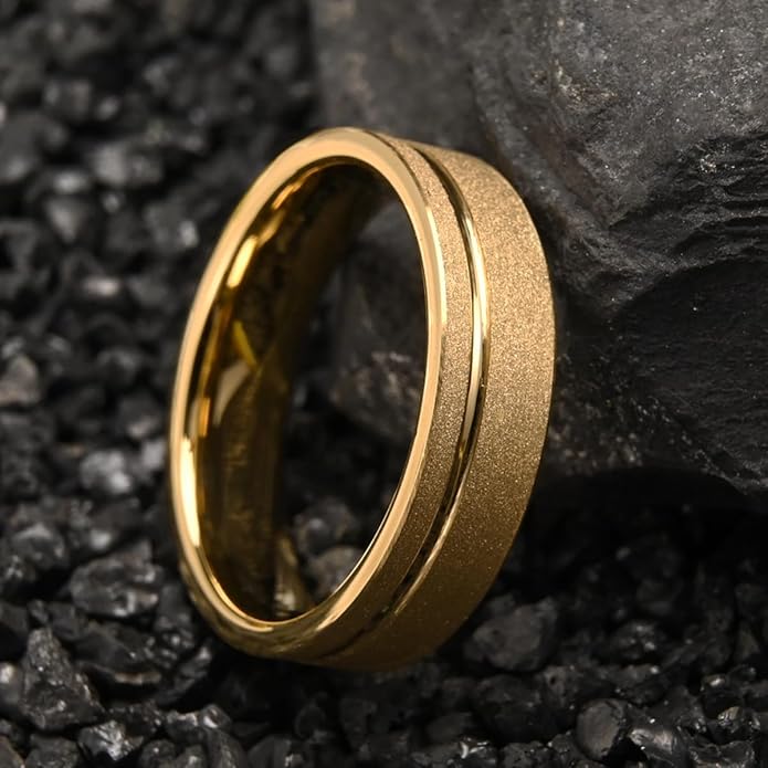 Golden Tungsten Carbide Ring for Men Women 8mm/6mm Sandblasted Inlaid Groove Men's Engagement Wedding Bands Fashionable and Luxurious