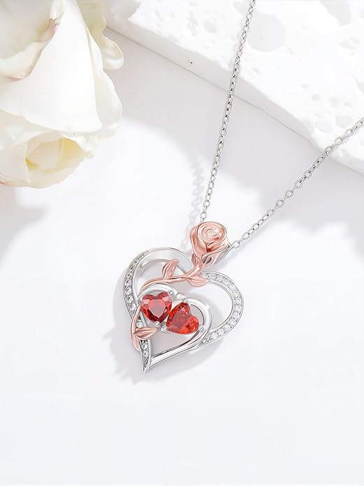 Rose Flower Heart Pendant for Women Birthday Gifts 18k Gold Plated Mother Daughter Necklace with 12 Months Birthstone Christmas Valentines Day Gifts for Her Mom Anniversarry Jewelry for Mom Wife Girlfriend