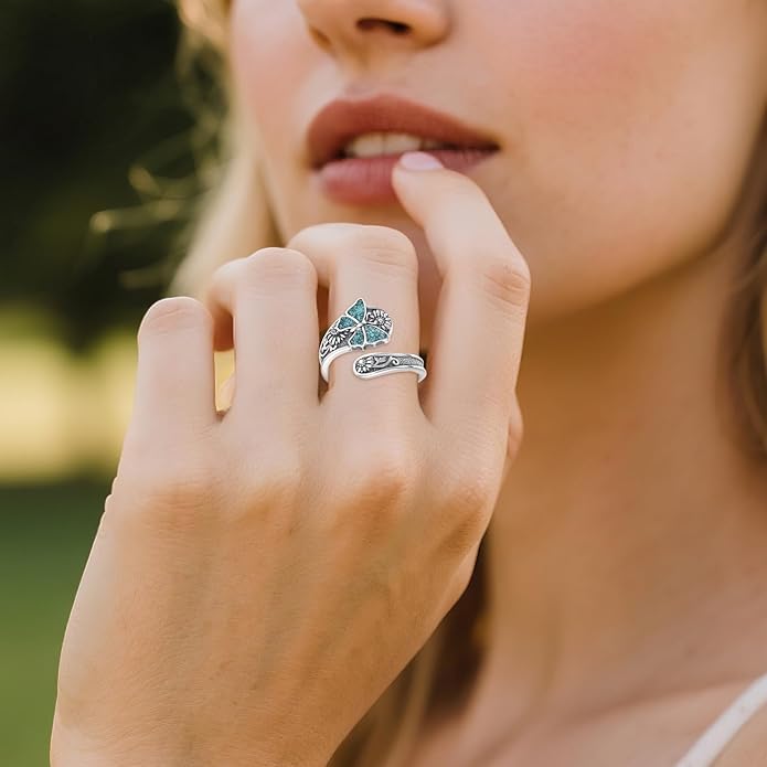 VONALA Vintage 925 Sterling Silver Butterfly Ring with Crushed Turquoise, Modern Vintage Women's Jewelry, Elegant Gift for Her,Adjustable Size 6–8