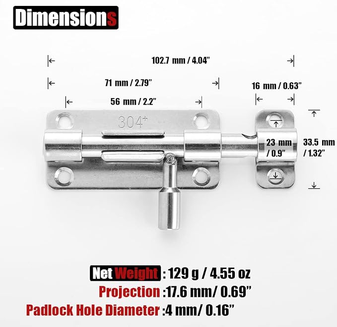 JQK Door Security Slide Latch Lock Barrel Bolt, 304 Stainless Steel Sliding - Image 2