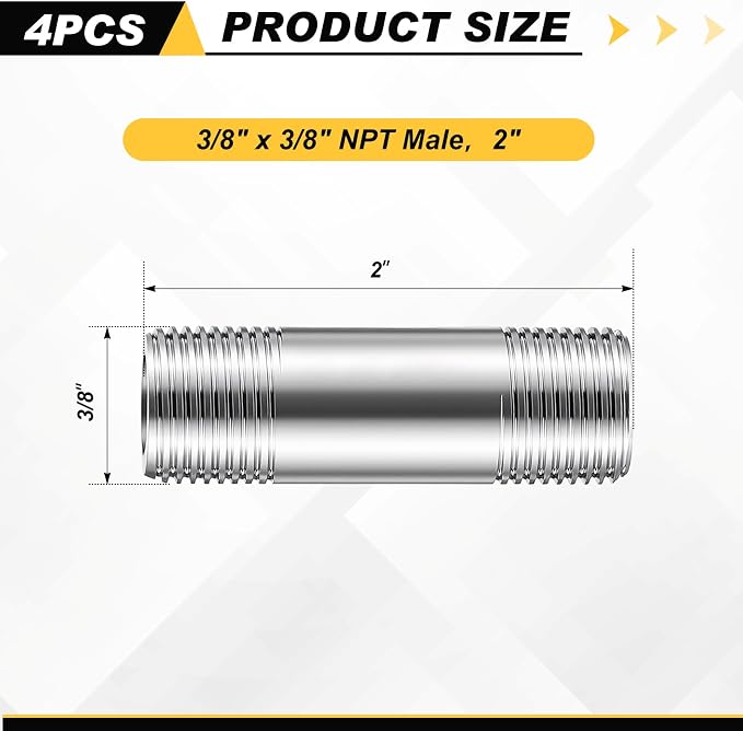 4 Pcs 304 Stainless Steel Pipe Fittings 3/8" NPT x 3/8" NPT Male Threaded 2" - Image 2