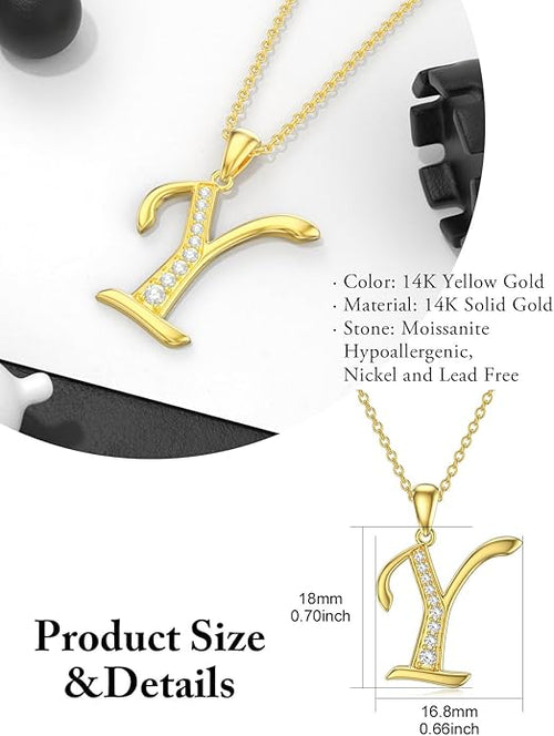 14k Gold Initial Necklace for Women, Solid Gold Moissanite Letter Pendant Necklaces Jewelry for Her Birthday Valentines Day Gifts for Mom Wife Christmas Gifts for Girlfriend Sister