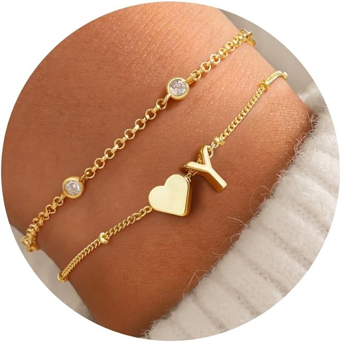 Turandoss Valentines Day Gifts for Kids Teen Girls - Dainty 14K Gold Plated Layered Heart Letter A-Z Charm Bracelet Stack Mom Daughter Jewelry Birthday Valentines Day Gifts for Girlfriend Wife