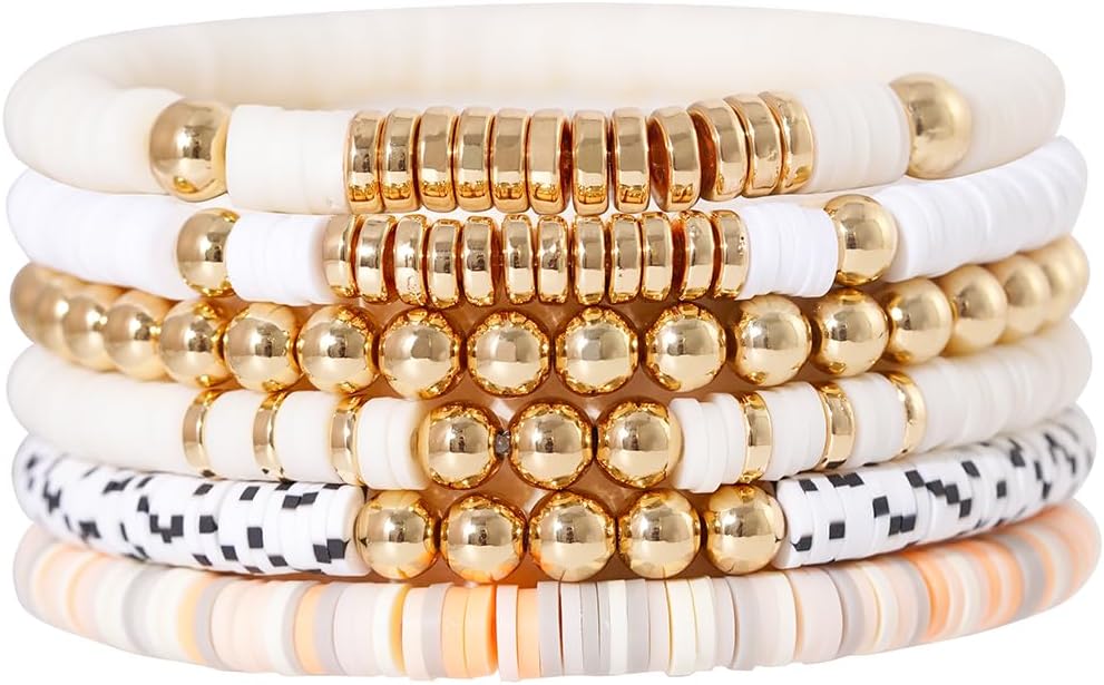 GOOJIDS Surfer Heishi Clay Bead Bracelets for Women Bohemian Stackable Gold Plated Beaded Stretch Bracelets Elastic Layering Friendship Bracelets Set Boho Jewelry