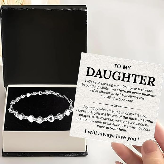 To My Daughter Bracelet, Silver Heart Chain Bracelet with Shiny Stones, Perfect Birthday or Graduation Christmas Gift for Daughter with Message Card and Gift Box