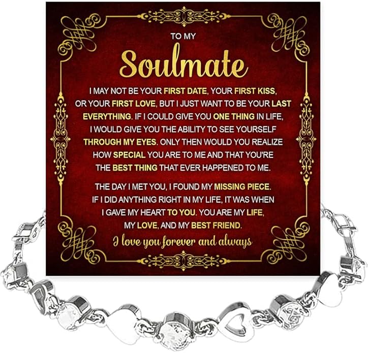 To My Soulmate Bracelet for Women, Heart Chain Bracelet with Shiny Stones, Perfect Birthday or Anniversary Christmas Gift for Soulmate with Message Card and Gift Box