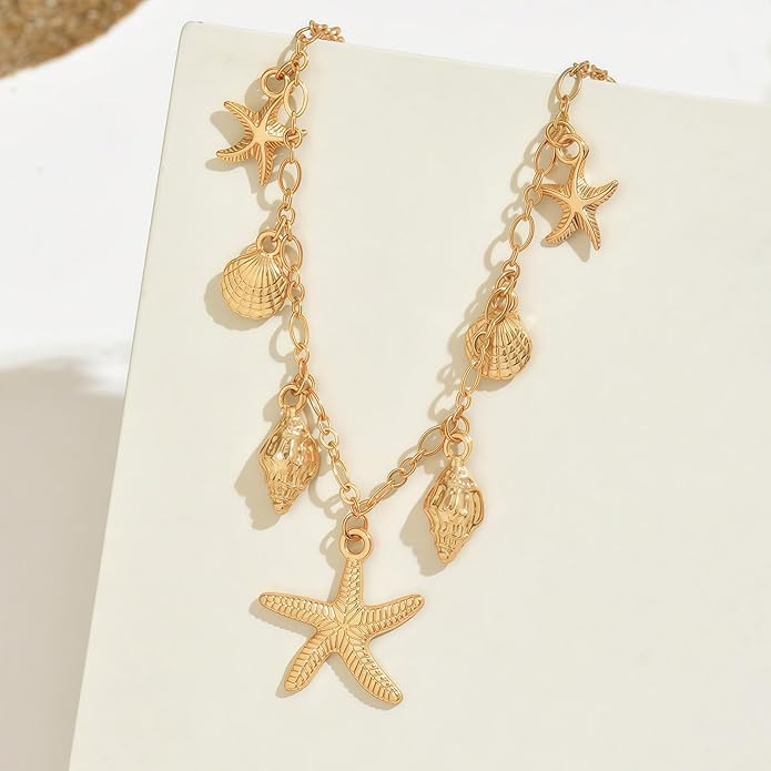 Shell Starfish Necklace for Women, 14k Gold Plated Boho Layered Beaded Charm Pendant Necklace, Dainty Adjustable Pearl Conch Summer Beach Vacation Jewelry Gifts