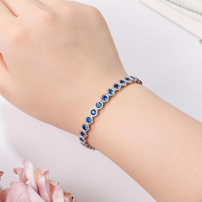 Birthstone Tennis Bracelets for Women Birthday Gifts 925 Sterling Silver Hexagon White Gold Bracelets Round Cut 5A Cubic Zirconia Prong Setting 7 Inch Anniversary Jewelry Gift
