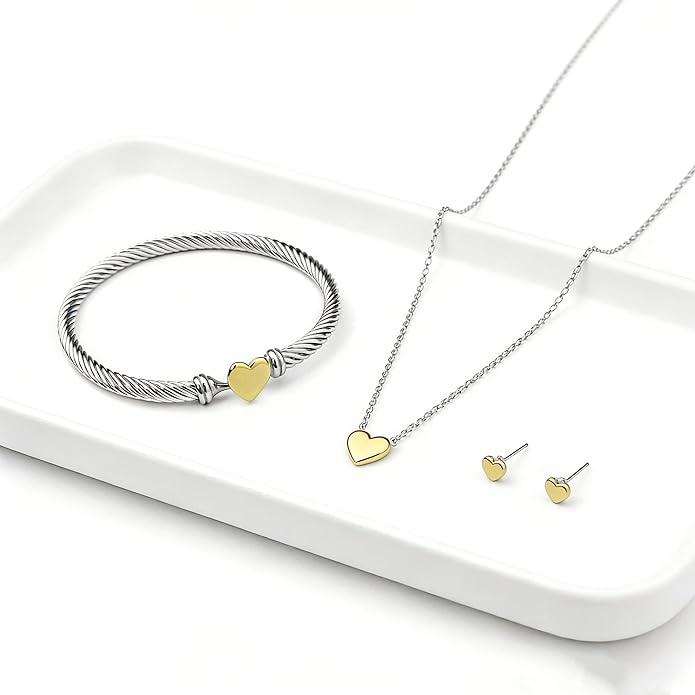 Decpro Adjustable Twist Stainless Steel Cable Bracelet with 14K Gold Plated Love Heart Charm - 4MM Open Bangle Cuff for Women & Men, Gift for Friends, Family, Valentine (6-8cm)