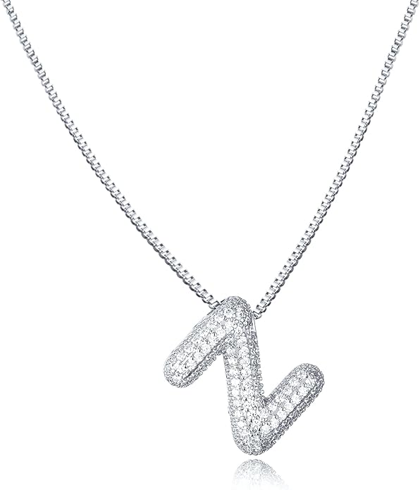 SKQIR Diamond Initial Letter Necklace for Women Bubble Gold Plated Puffy Balloon Alphabet Crystal Zircon Pendant Name Necklace Dainty Charms Trendy Jewelry Gift for Women