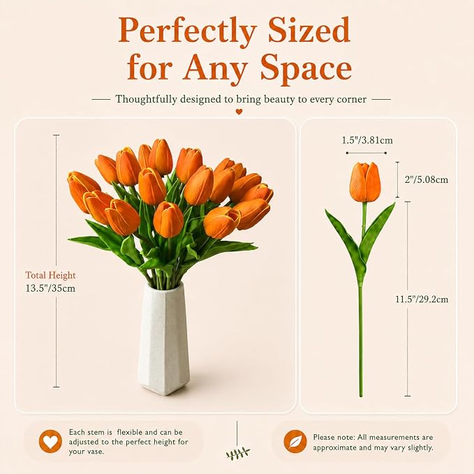 Mandy's 20pcs Artificial Orange Tulips | 13.5 Inch Lifelike PU Tulips Faux - Image 3