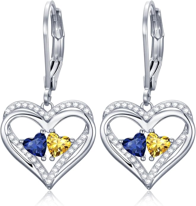 Valentines Day Gifts for Women, Heart Leverback Earrings Double Birthstone Dangle Earrings for Women, Love Jewelry for Her, Anniversary Birthday Gift for Mom Wife Girlfriend