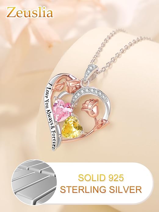 Valentine's Day Gifts for Wife 925 Sterling Silver Double Birthstone Pendant Necklaces I Love You for Always and Forever Necklace Anniversary Birthday Gifts for Wife Girlfriend Mom Her