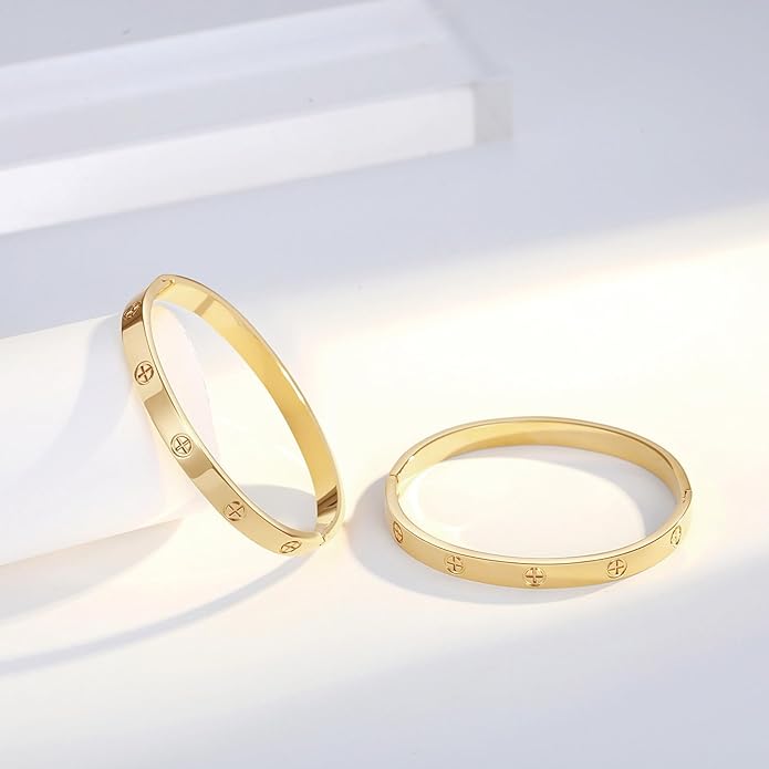 2Pcs 18K Gold-Plated Love Bangle Bracelets set for Women, Stainless Steel Cubic Zirconia Bangle Crystal Friendship Jewelry, Easter Wedding Birthday Gifts for Girlfriend, Wife, Monther