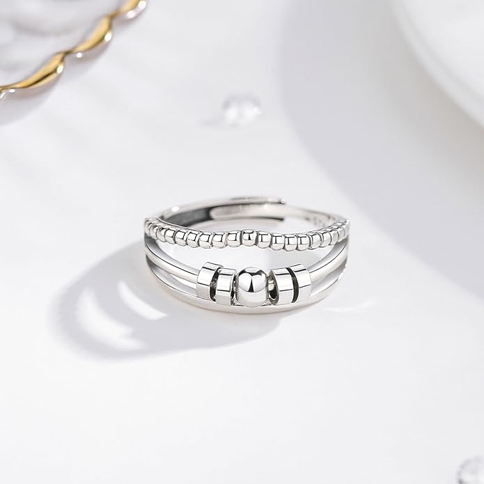 Vito 925 Sterling Silver Fidget Anxiety Ring for Women, Adjustable Open Spinner Ring Stress Relief Ring Stacking Band Anillos Jewelry Gift for Mom Daughter