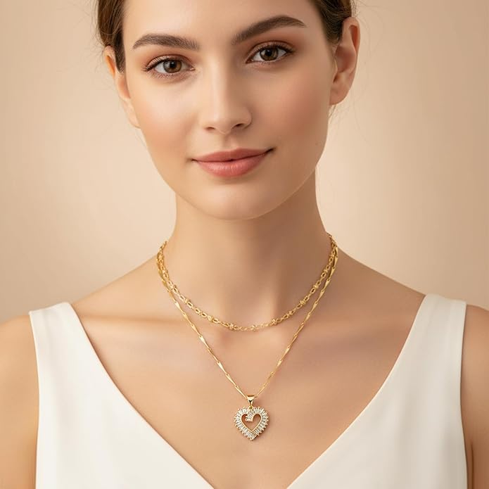 Heart Necklaces for Women 14K Gold Plated Layered Necklace Set with Cubic Zirconia Heart Pendant, Dainty Stackable Choker Chain, Gift for Her