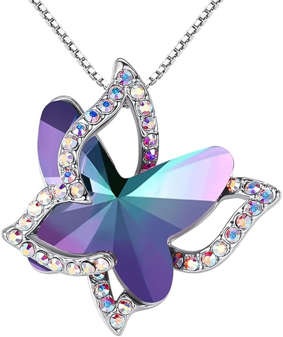 Valentine's Day Gift Butterfly Birthstone Crystal Necklace, Silver Tone with 18”+2” Chain, Necklace for Mother’s Day Anniversary Birthday Gifts for Women and Daughter