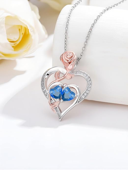 Rose Flower Heart Pendant for Women Birthday Gifts 18k Gold Plated Mother Daughter Necklace with 12 Months Birthstone Christmas Valentines Day Gifts for Her Mom Anniversarry Jewelry for Mom Wife Girlfriend